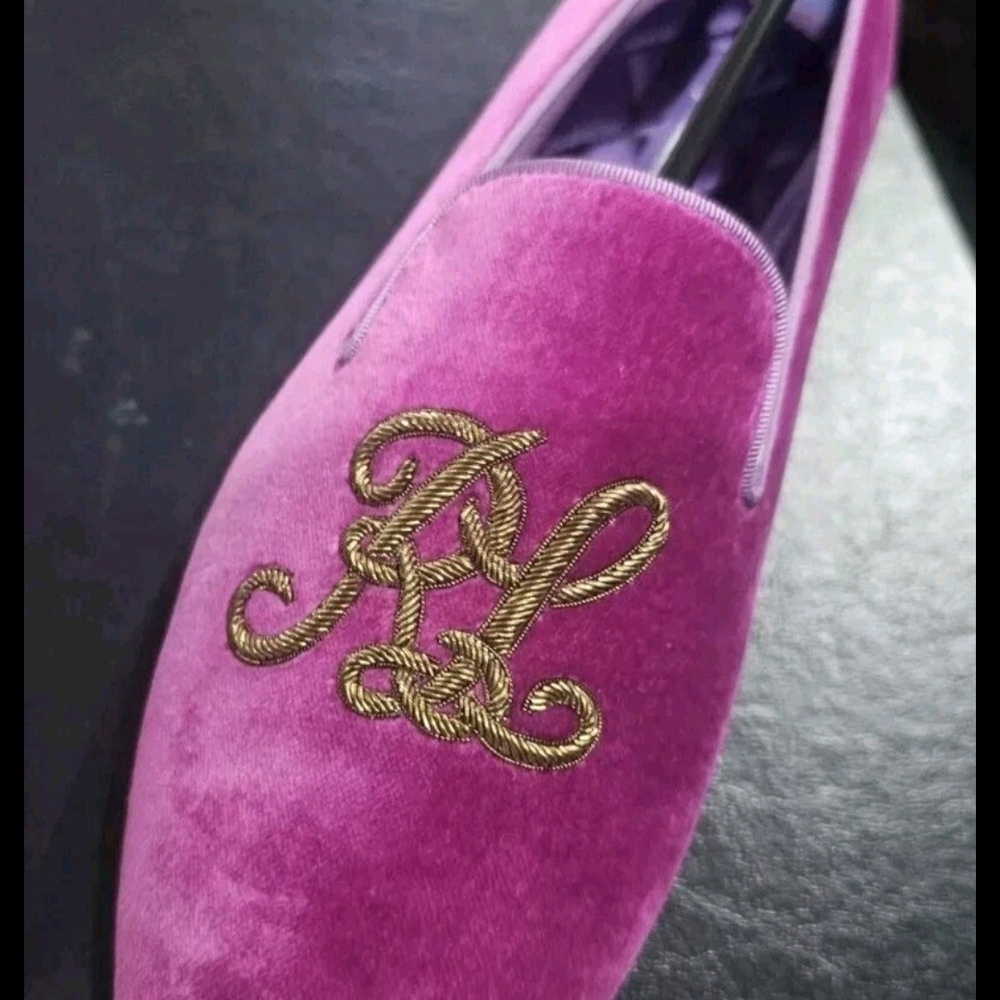 Ralph Lauren Pink Velvet Loafers with Gold Embroidery